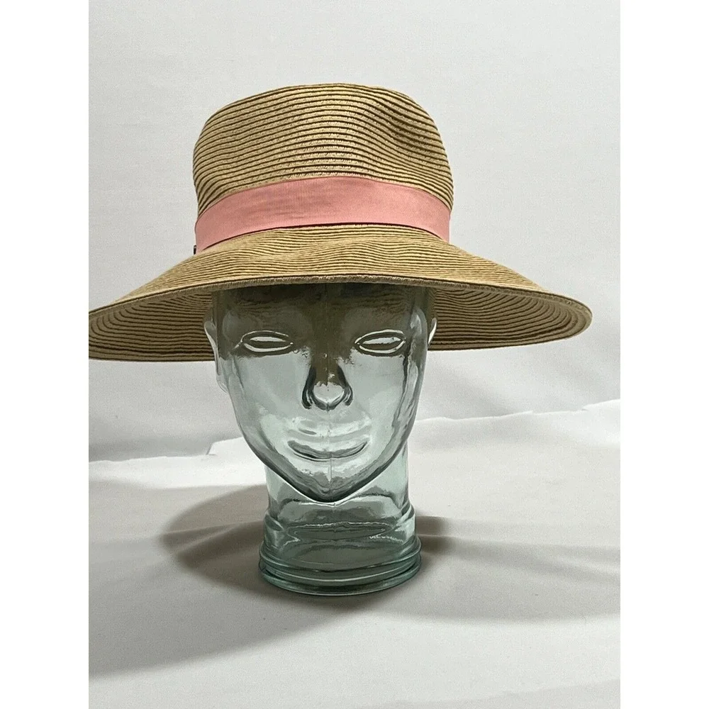 CC Sunshade Hat Womens Tan Pink Bow Wide Brim Coastal Cottagecore Beach